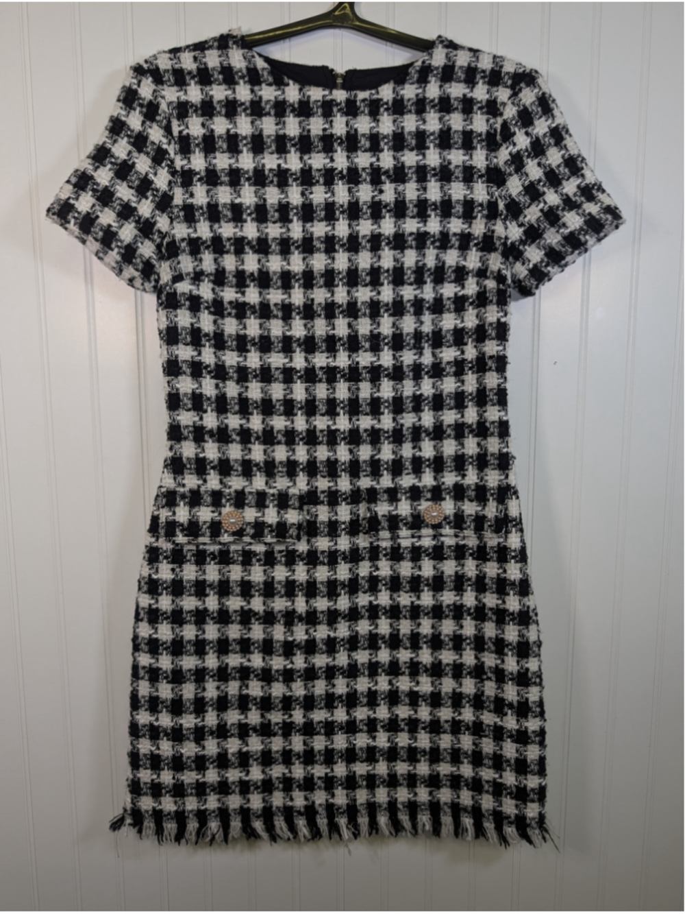 Bebop Houndstooth Tweed Mini Dress Pearl Clasp Short Sleeve Fringe Hem XS